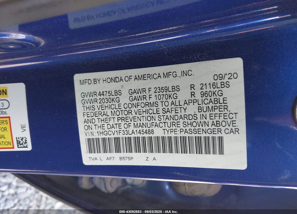 2020 HONDA ACCORD SPORT VIN: 1HGCV1F33LA145488