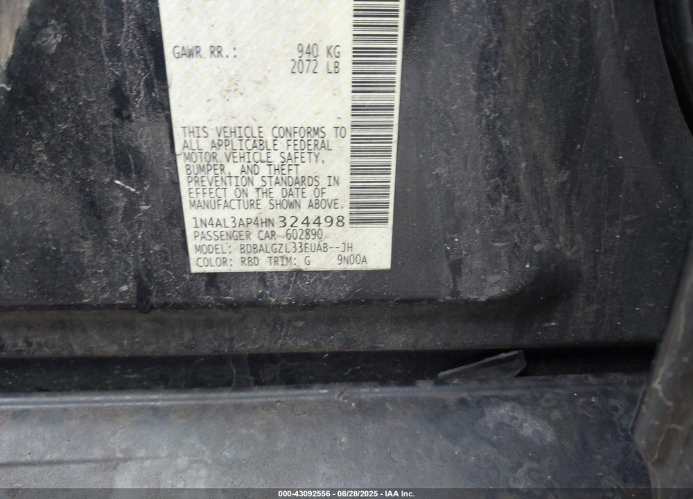 2017 NISSAN ALTIMA VIN: 1N4AL3AP4HN324498