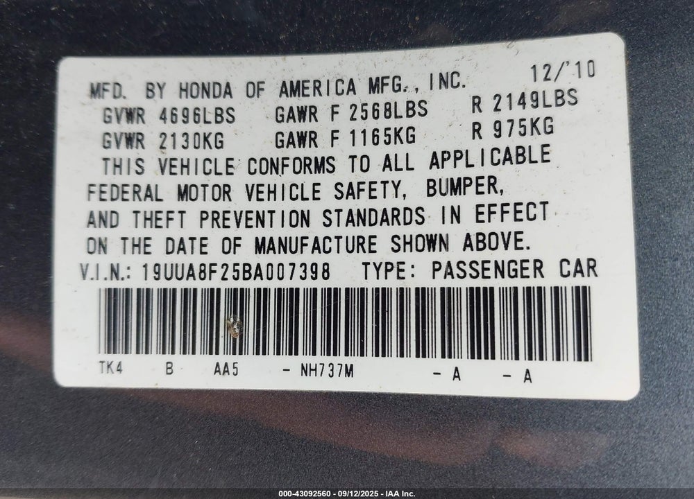 2011 ACURA TL 3.5 VIN: 19UUA8F25BA007398