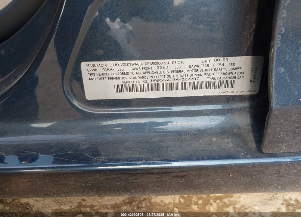 2010 VOLKSWAGEN JETTA VIN: 3VWRX7AJ3AM027207
