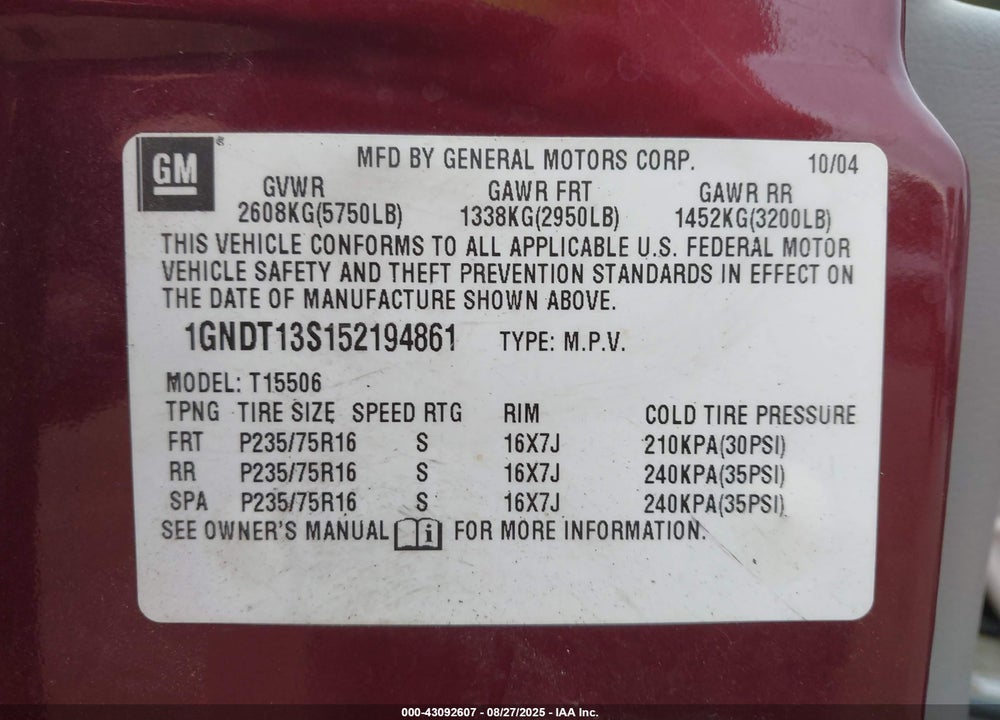 2005 CHEVROLET TRAILBLAZER LS VIN: 1GNDT13S152194861
