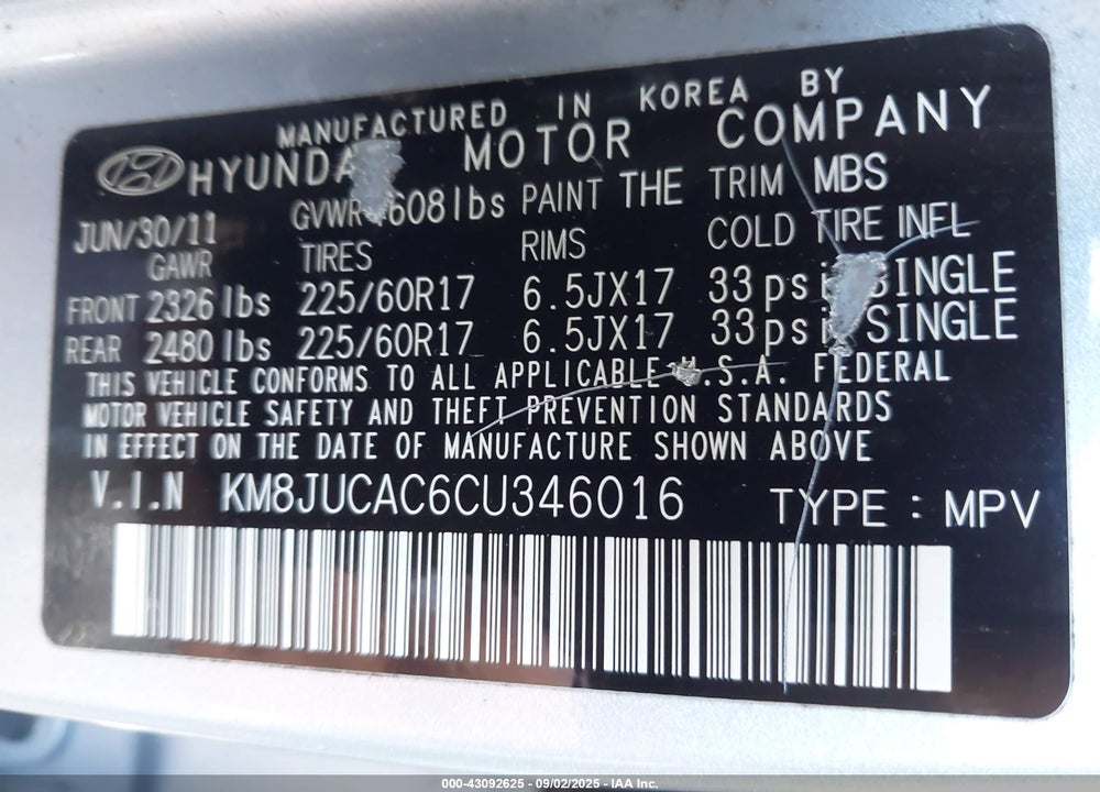 2012 HYUNDAI TUCSON GLS VIN: KM8JUCAC6CU346016