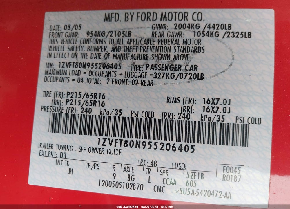 2005 FORD MUSTANG V6 DELUXE/V6 PREMIUM VIN: 1ZVFT80N955206405