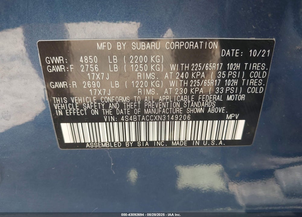 2022 SUBARU OUTBACK VIN: 4S4BTACCXN3149206