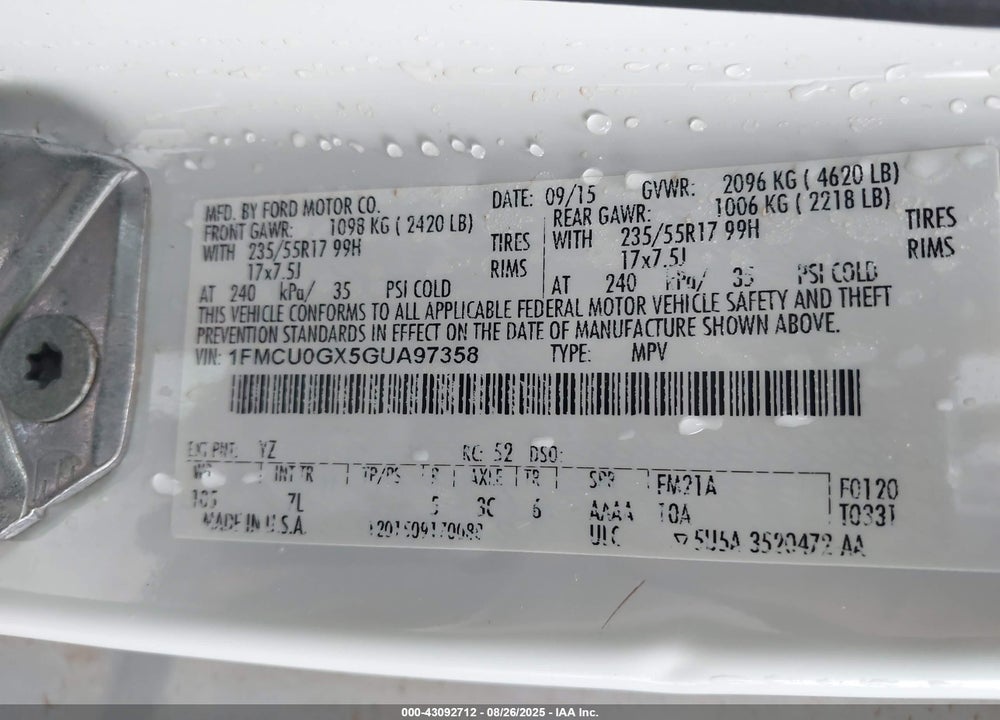 2016 FORD ESCAPE VIN: 1FMCU0GX5GUA97358