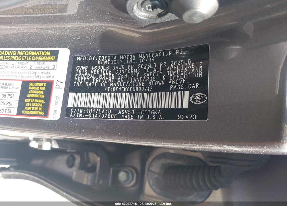2015 TOYOTA CAMRY VIN: 4T1BF1FK0FU880247