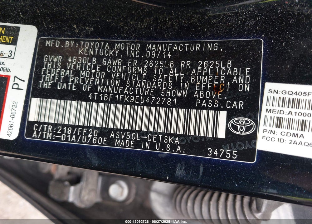 2014 TOYOTA CAMRY VIN: 4T1BF1FK9EU472781