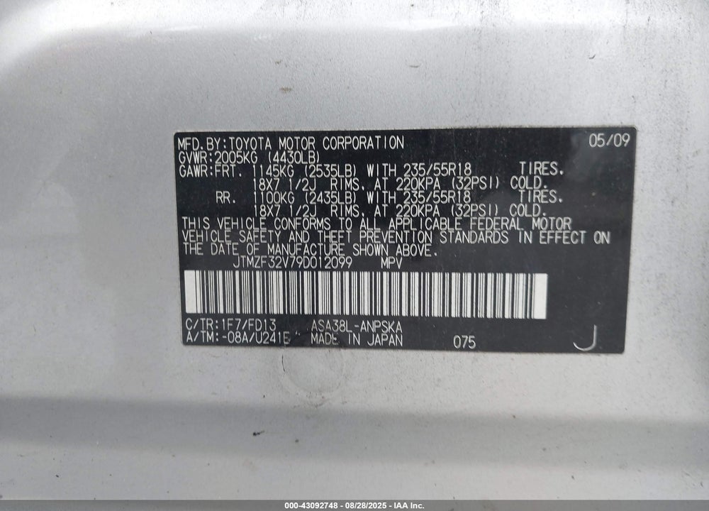 2009 TOYOTA RAV4 VIN: JTMZF32V79D012099