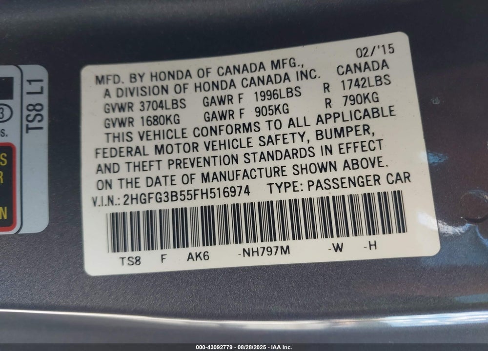 2015 HONDA CIVIC VIN: 2HGFG3B55FH516974