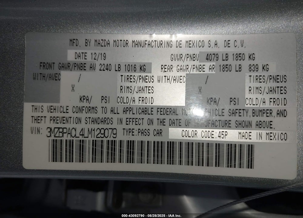 2020 MAZDA 3 VIN: 3MZBPACL4LM129079