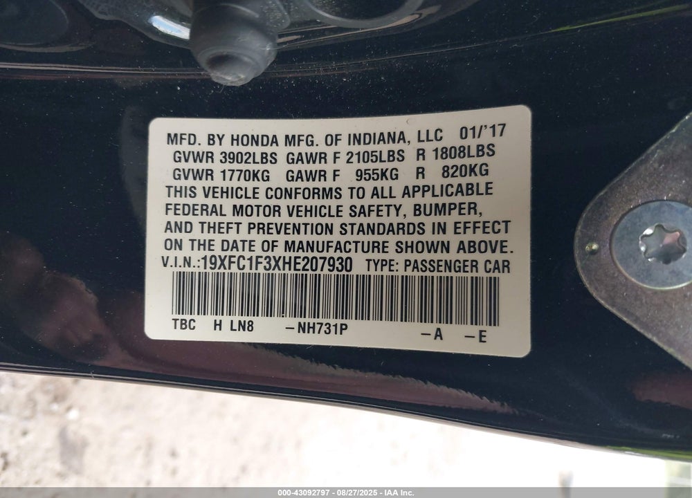 2017 HONDA CIVIC VIN: 19XFC1F3XHE207930