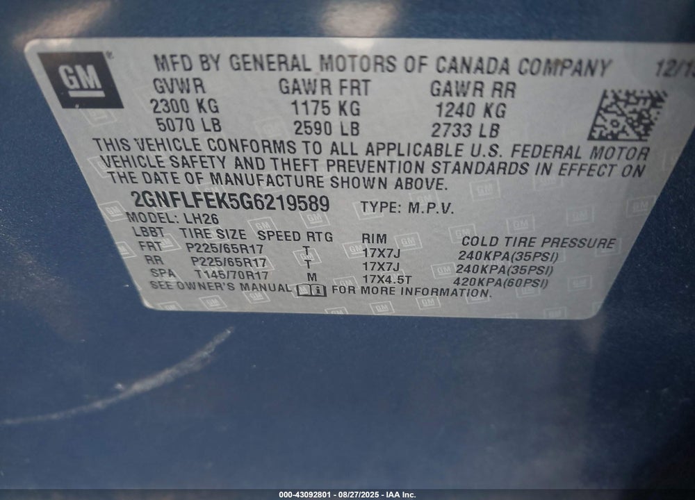 2016 CHEVROLET EQUINOX VIN: 2GNFLFEK5G6219589