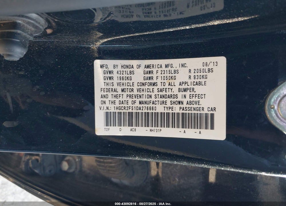 2013 HONDA ACCORD VIN: 1HGCR2F51DA276660