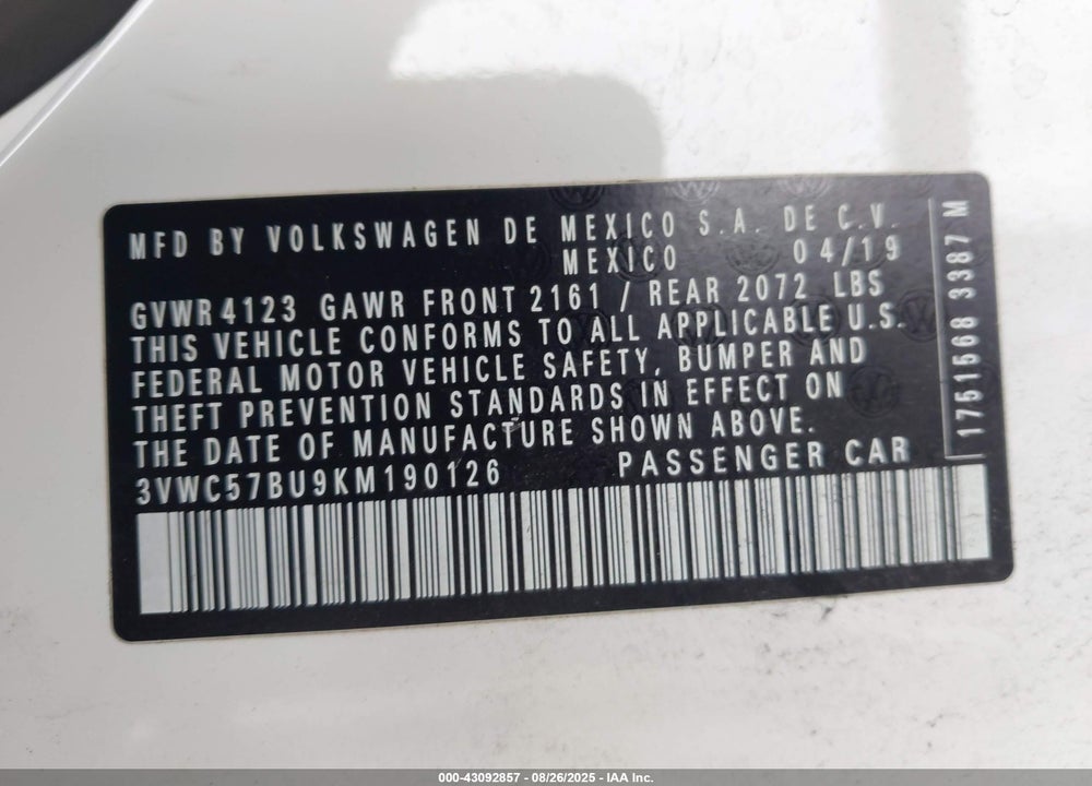 2019 VOLKSWAGEN JETTA VIN: 3VWC57BU9KM190126