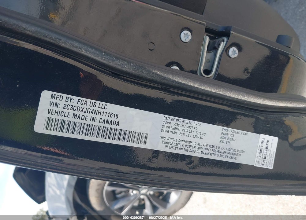 2022 DODGE CHARGER VIN: 2C3CDXJG4NH111616