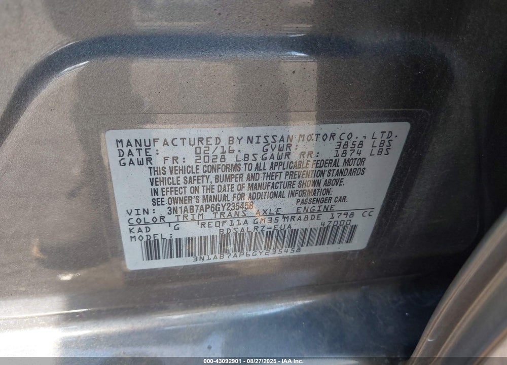 2016 NISSAN SENTRA VIN: 3N1AB7AP6GY235458