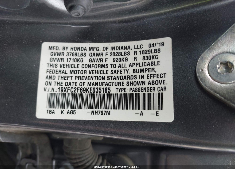 2019 HONDA CIVIC VIN: 19XFC2F69KE035185