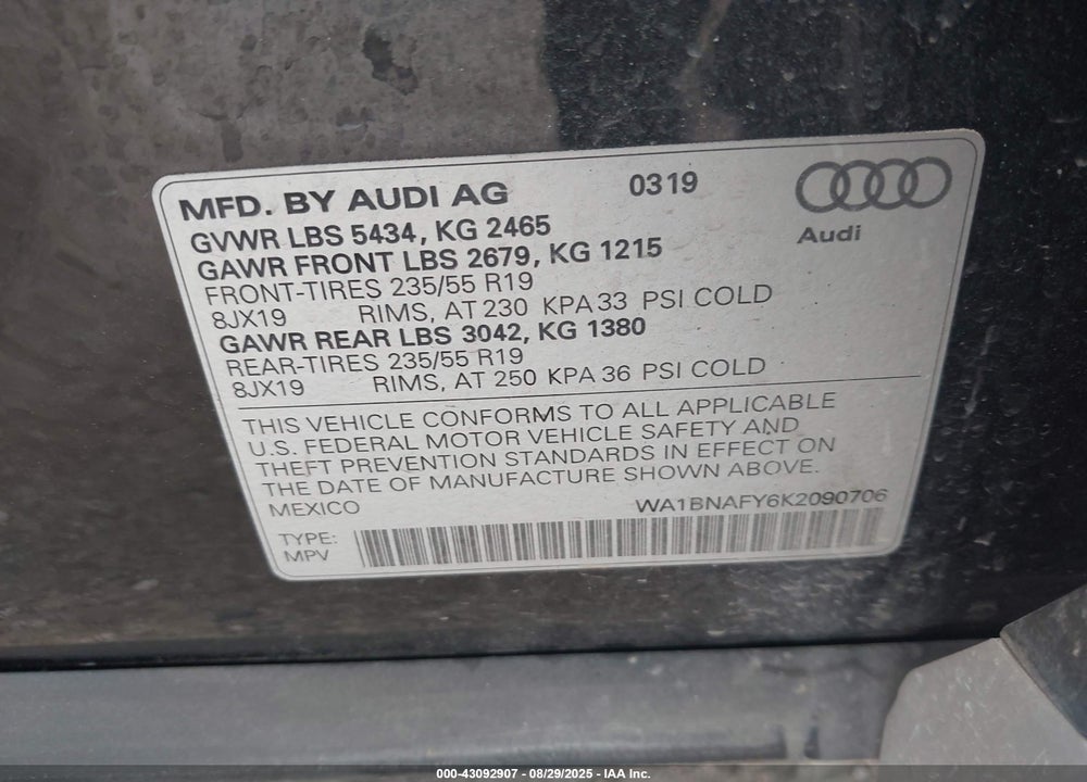 2019 AUDI Q5 VIN: WA1BNAFY6K2090706