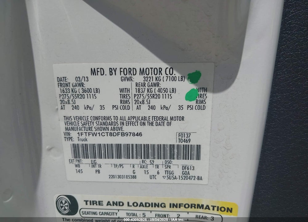 2013 FORD F-150 VIN: 1FTFW1CT8DFB97846