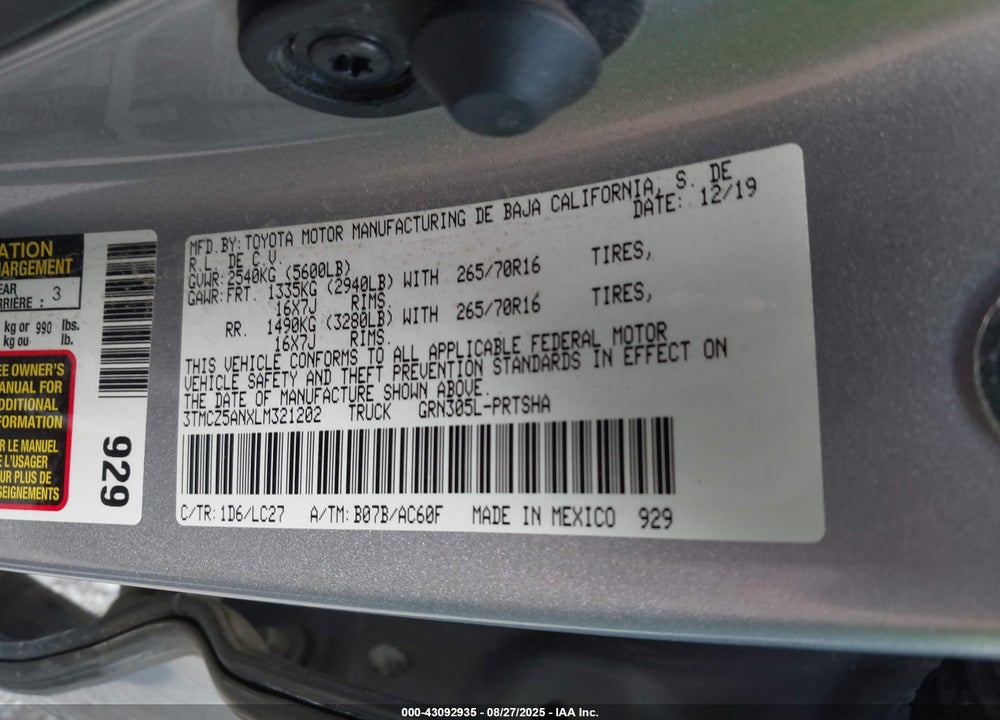 2020 TOYOTA TACOMA VIN: 3TMCZ5ANXLM321202