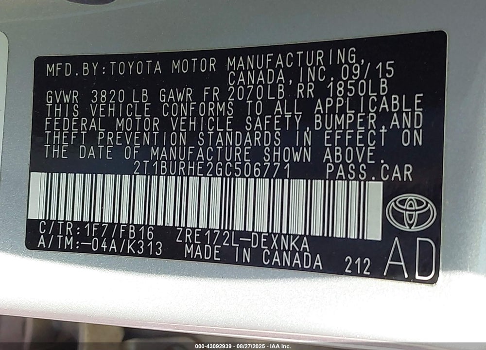 2016 TOYOTA COROLLA VIN: 2T1BURHE2GC506771