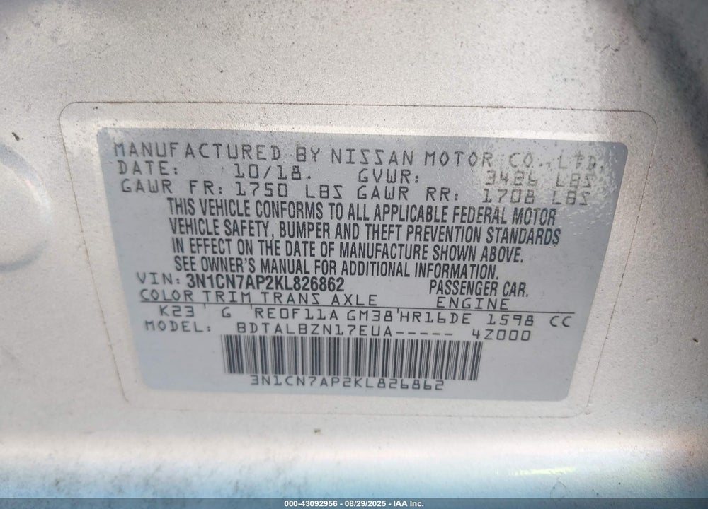 2019 NISSAN VERSA VIN: 3N1CN7AP2KL826862