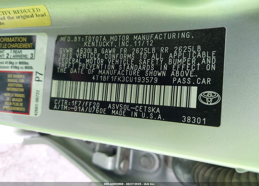 2012 TOYOTA CAMRY VIN: 4T1BF1FK3CU193579