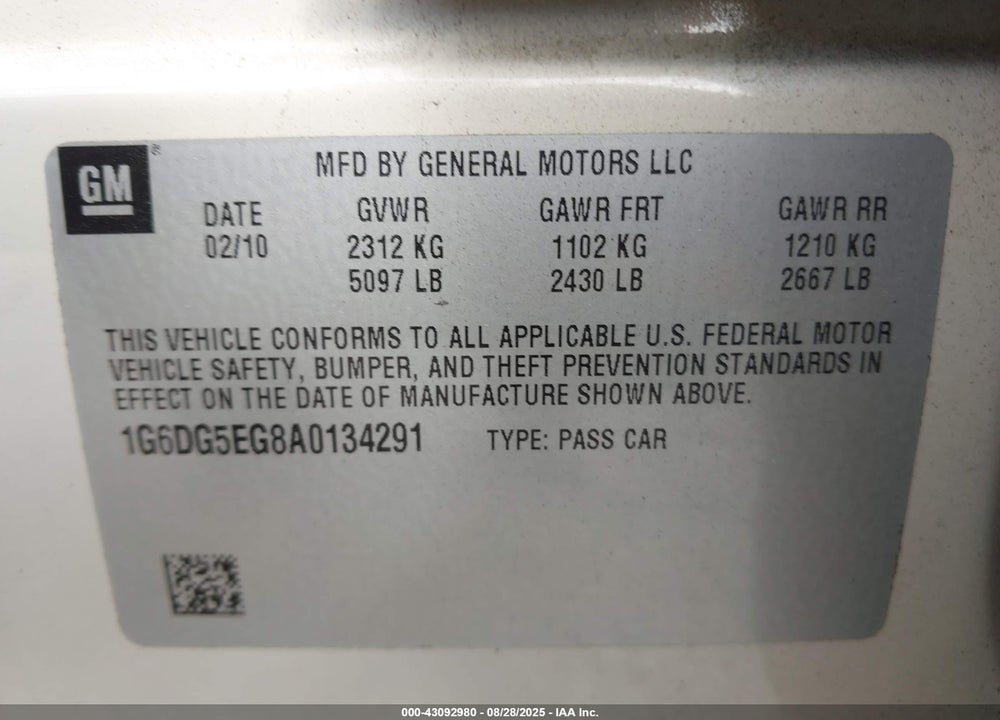 2010 CADILLAC CTS VIN: 1G6DG5EG8A0134291