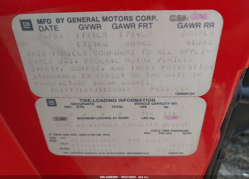 1988 CHEVROLET CORVETTE VIN: 1G1YY3189J5120068