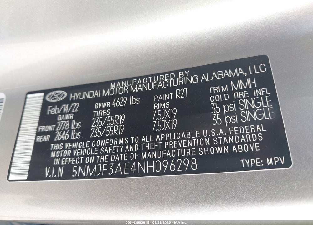 2022 HYUNDAI TUCSON VIN: 5NMJF3AE4NH096298