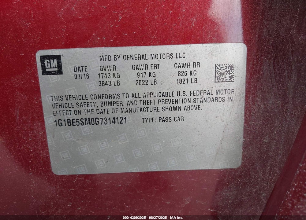 2016 CHEVROLET CRUZE VIN: 1G1BE5SM0G7314121