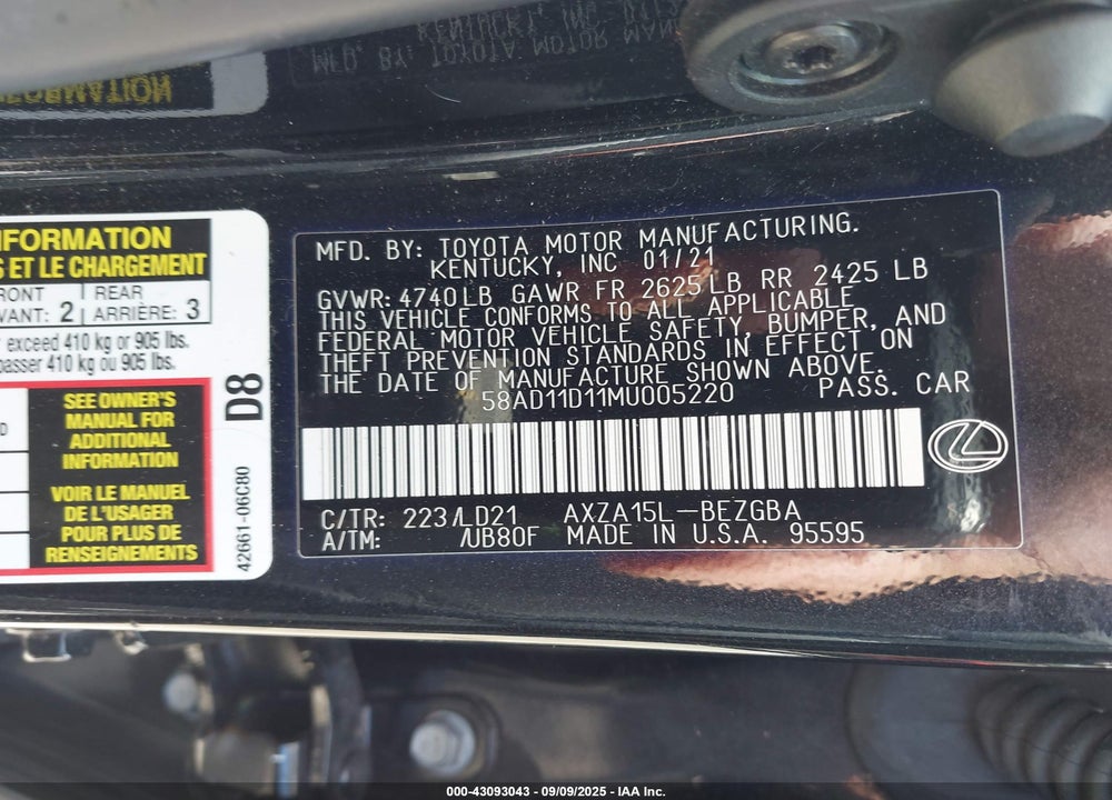 2021 LEXUS ES 250 VIN: 58AD11D11MU005220