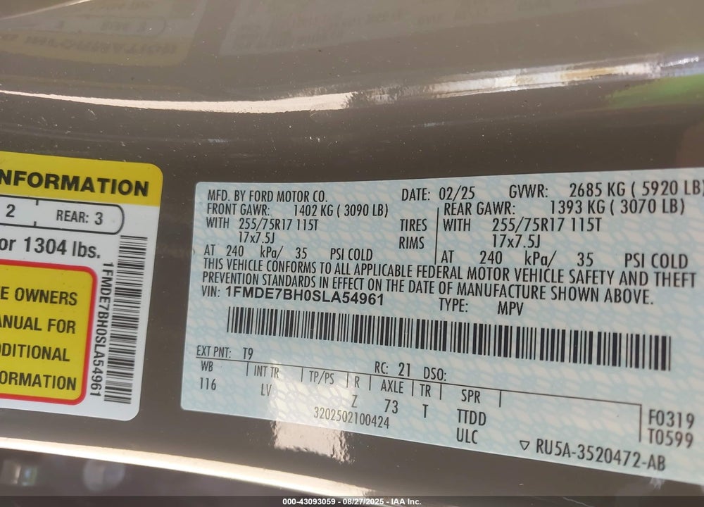 2025 FORD BRONCO BIG BEND VIN: 1FMDE7BH0SLA54961