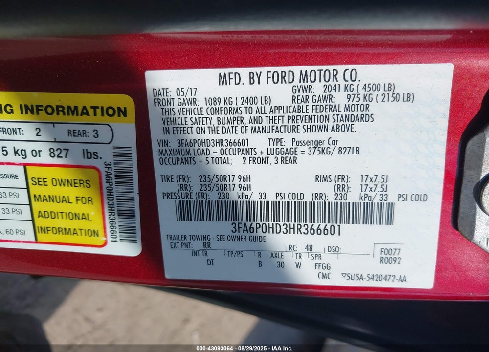 2017 FORD FUSION VIN: 3FA6P0HD3HR366601