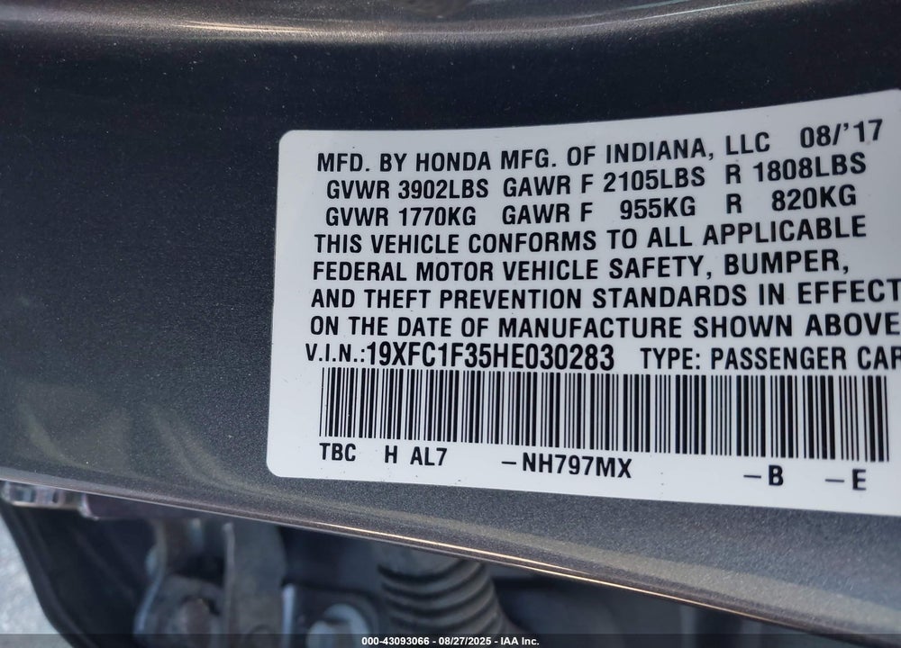 2017 HONDA CIVIC VIN: 19XFC1F35HE030283