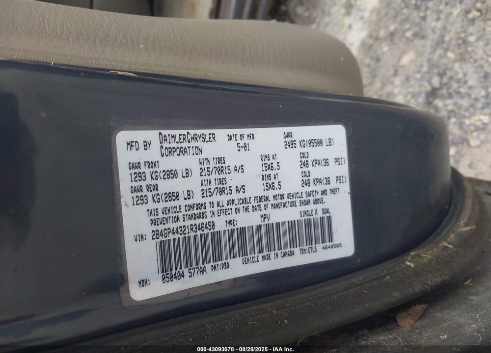 2001 DODGE GRAND CARAVAN SPORT VIN: 2B4GP44321R346450