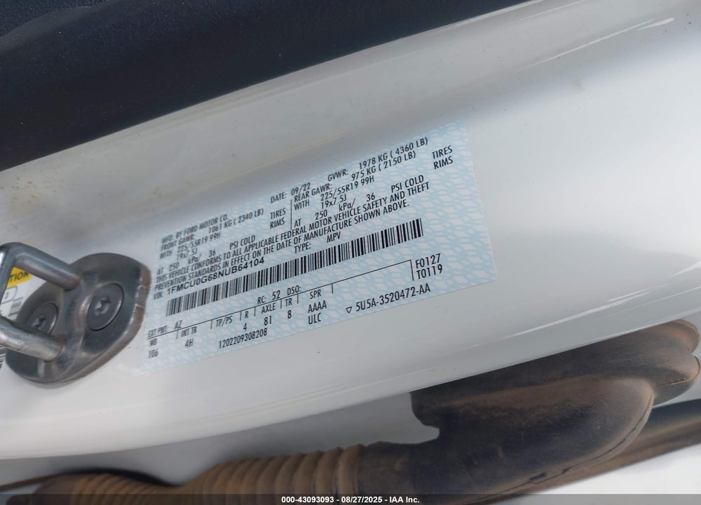 2022 FORD ESCAPE VIN: 1FMCU0G68NUB64104