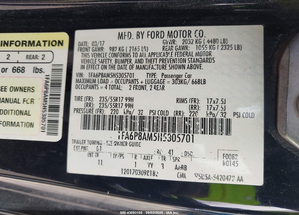 2017 FORD MUSTANG V6 VIN: 1FA6P8AM5H5305701