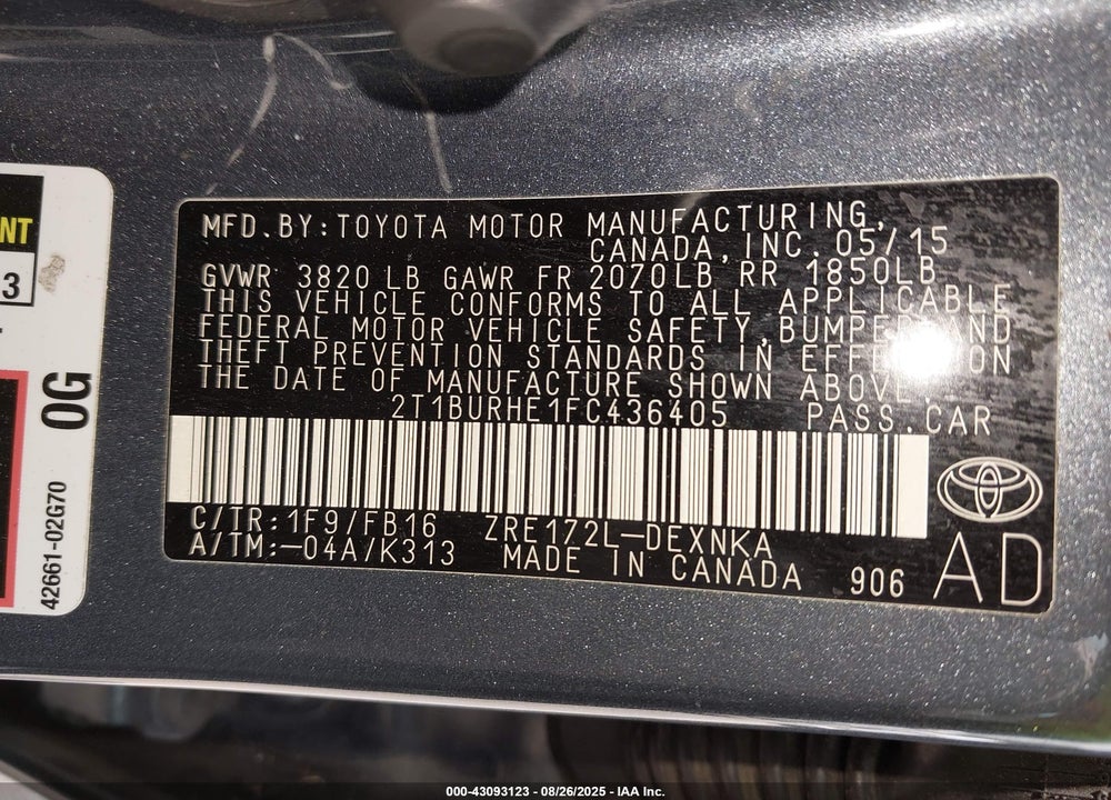 2015 TOYOTA COROLLA VIN: 2T1BURHE1FC436405