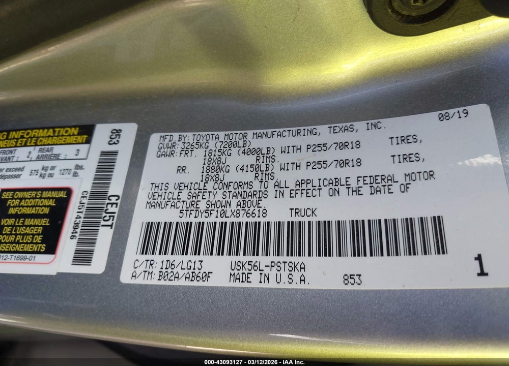 2020 TOYOTA TUNDRA SR5 VIN: 5TFDY5F10LX876618