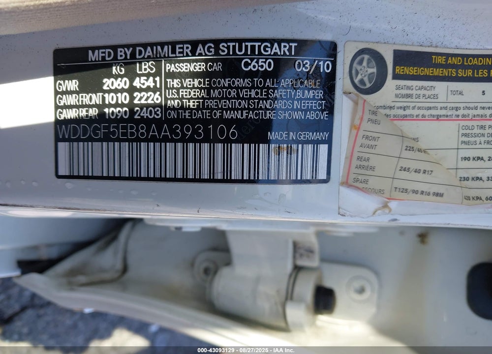 2010 MERCEDES-BENZ C CLASS VIN: WDDGF5EB8AA393106