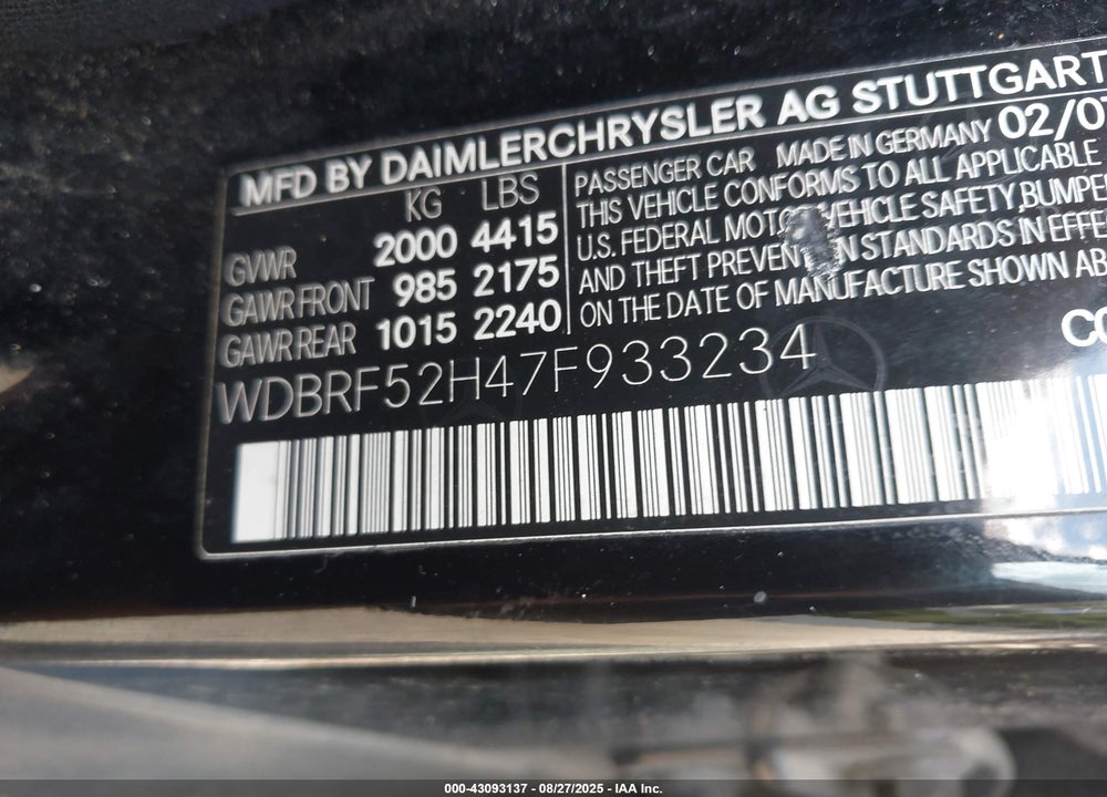 2007 MERCEDES-BENZ C CLASS VIN: WDBRF52H47F933234