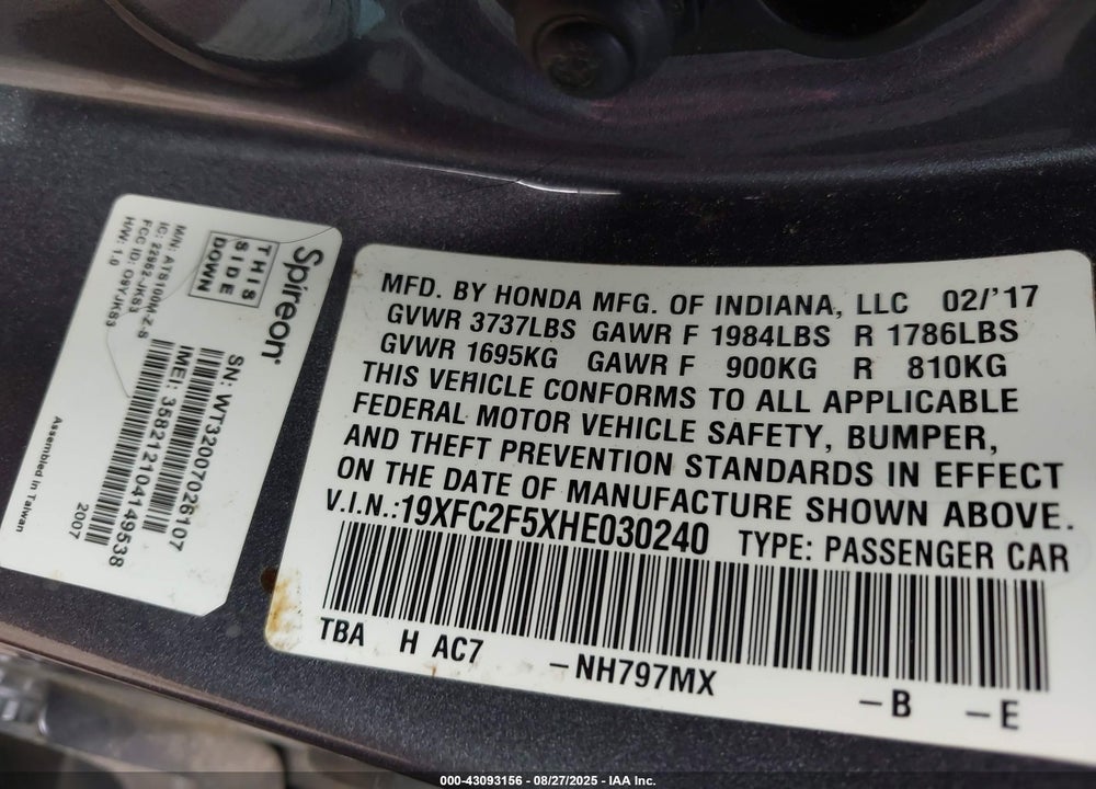 2017 HONDA CIVIC VIN: 19XFC2F5XHE030240