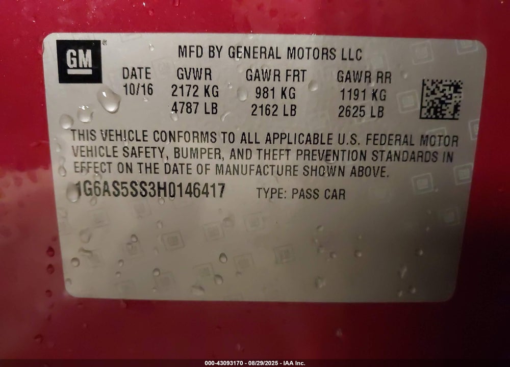 2017 CADILLAC CTS VIN: 1G6AS5SS3H0146417