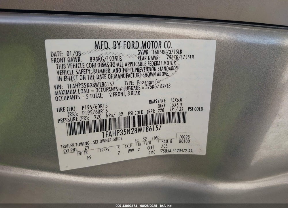 2008 FORD FOCUS VIN: 1FAHP35N28W186157
