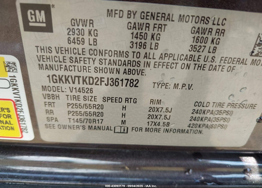 2015 GMC ACADIA VIN: 1GKKVTKD2FJ361782