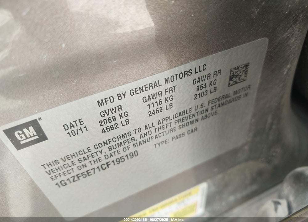 2012 CHEVROLET MALIBU VIN: 1G1ZF5E71CF195190