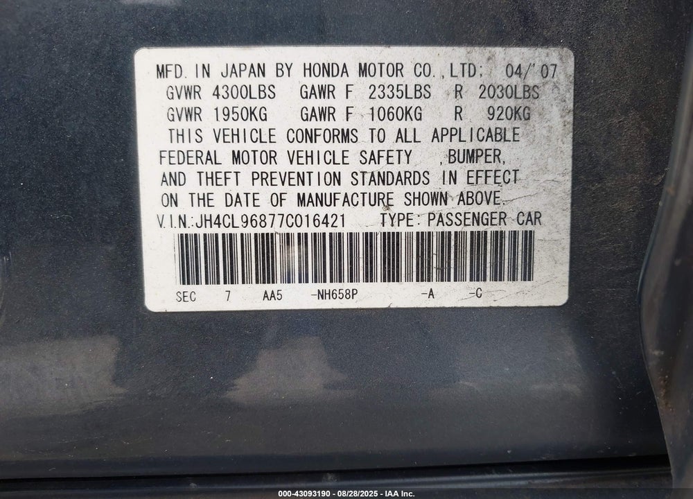 2007 ACURA TSX VIN: JH4CL96877C016421