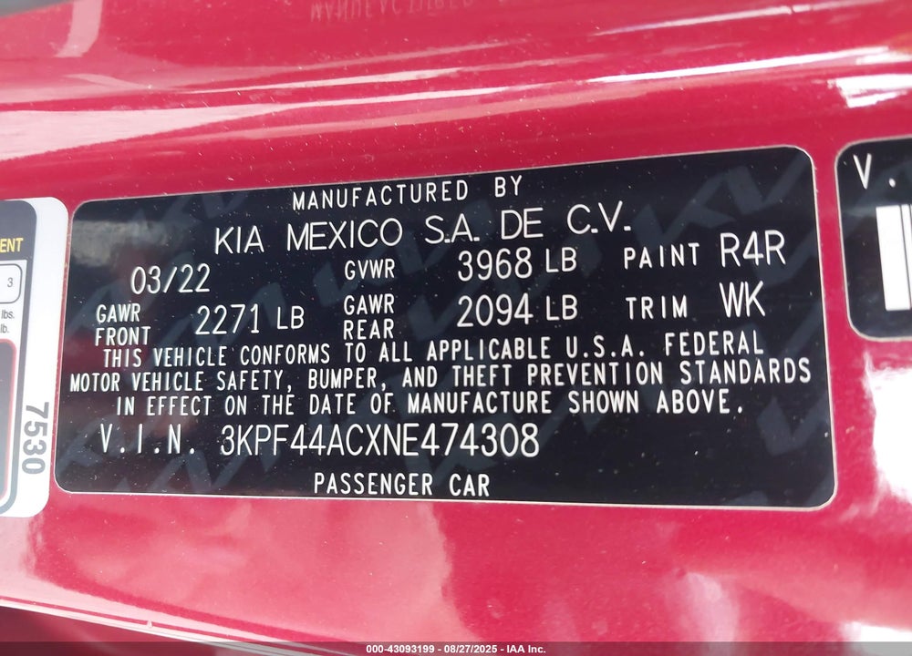2022 KIA FORTE VIN: 3KPF44ACXNE474308