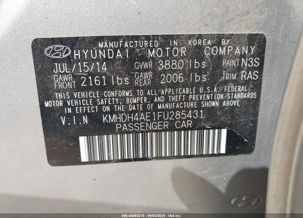 2015 HYUNDAI ELANTRA VIN: KMHDH4AE1FU285431